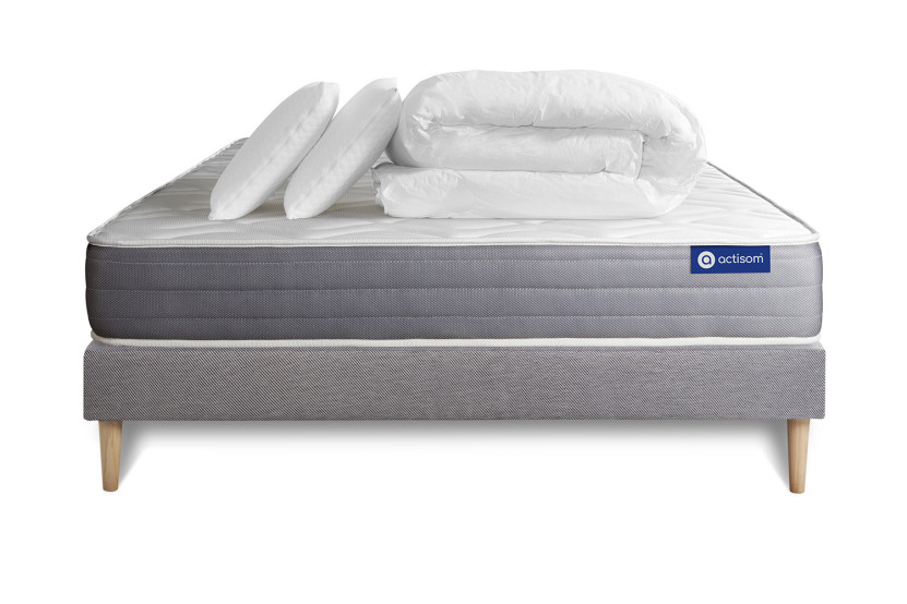 Pack lit complet 180x200 cm - Matelas + Sommier Gris (en kit) + 2 oreillers + Couette - Actimemo Dream