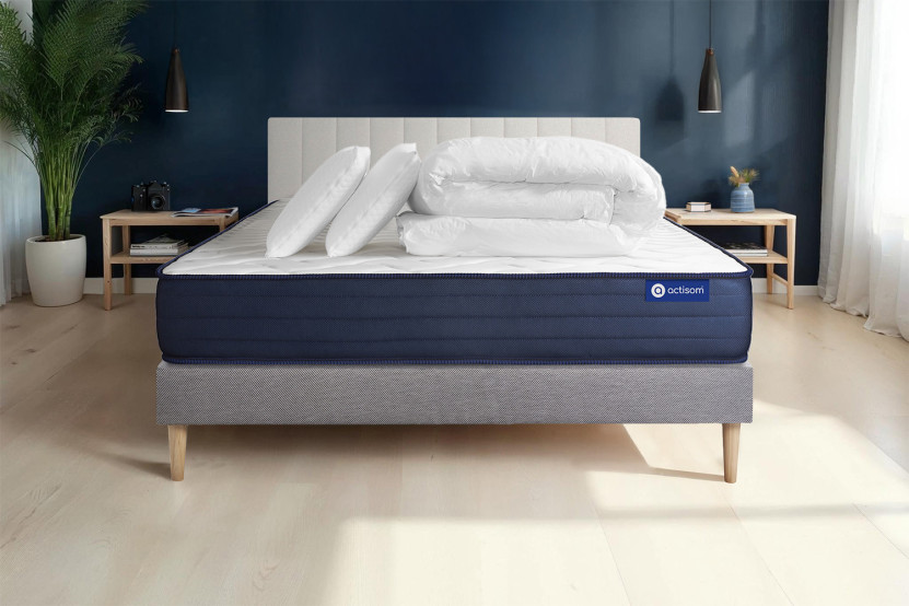 Pack lit complet 160x200 cm - Matelas + Sommier Gris (en kit) + 2 oreillers + Couette - Actimemo Life