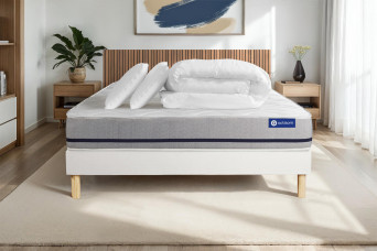 Pack lit complet 200x200 cm - Matelas + Sommier Blanc (en kit) + 2 oreillers + Couette - Actiflex Soft
