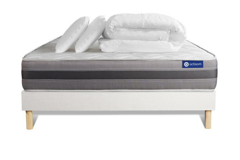 Pack lit complet 180x200 cm - Matelas + Sommier Blanc (en kit) + 2 oreillers + Couette - Actimemo Relax