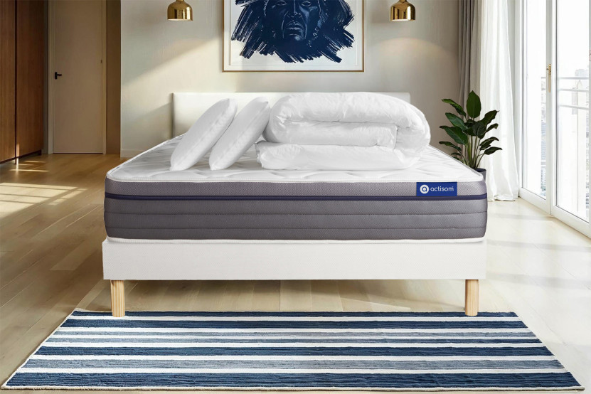 Pack lit complet 180x200 cm - Matelas + Sommier Blanc (en kit) + 2 oreillers + Couette - Actiflex Zen