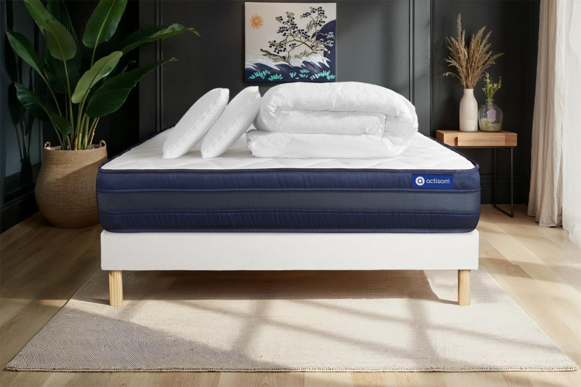 Pack lit complet 180x200 cm - Matelas + Sommier Blanc (en kit) + 2 oreillers + Couette - Actilatex Tech