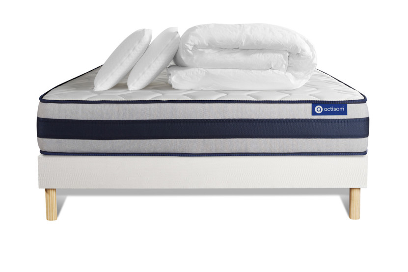 Pack lit complet 140x200 cm - Matelas + Sommier Blanc (en kit) + 2 oreillers + Couette - Actilatex Ergo