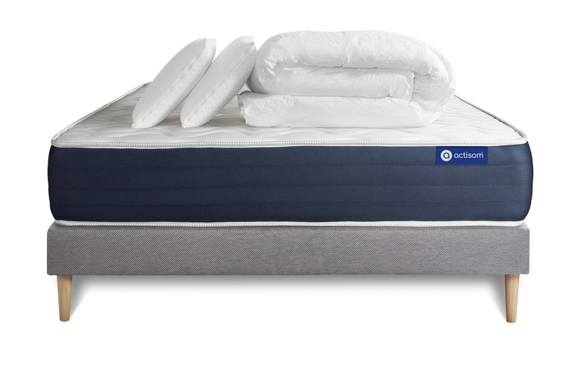 Pack lit complet 160x200 cm - Matelas + Sommier Gris (en kit) + 2 oreillers + Couette - Actimemo Sleep
