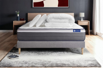Pack lit complet 140x190 cm - Matelas + Sommier Gris (en kit) + 2 oreillers + Couette - Actilatex Plus