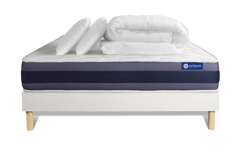 Pack lit complet 200x200 cm - Matelas + Sommier Blanc (en kit) + 2 oreillers + Couette - Actimemo Morpho