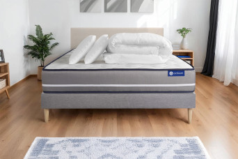 Pack lit complet 160x200 cm - Matelas + Sommier Gris (en kit) + 2 oreillers + Couette - Actimemo Pur