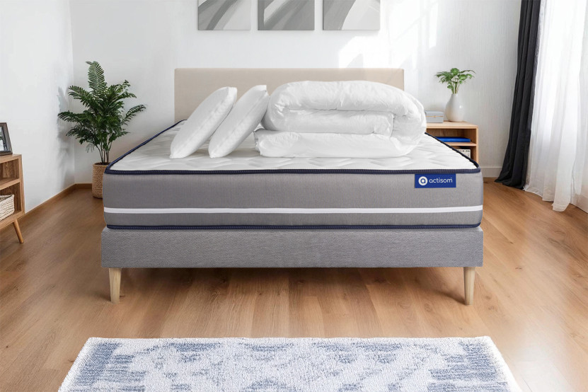 Pack lit complet 160x200 cm - Matelas + Sommier Gris (en kit) + 2 oreillers + Couette - Actimemo Pur