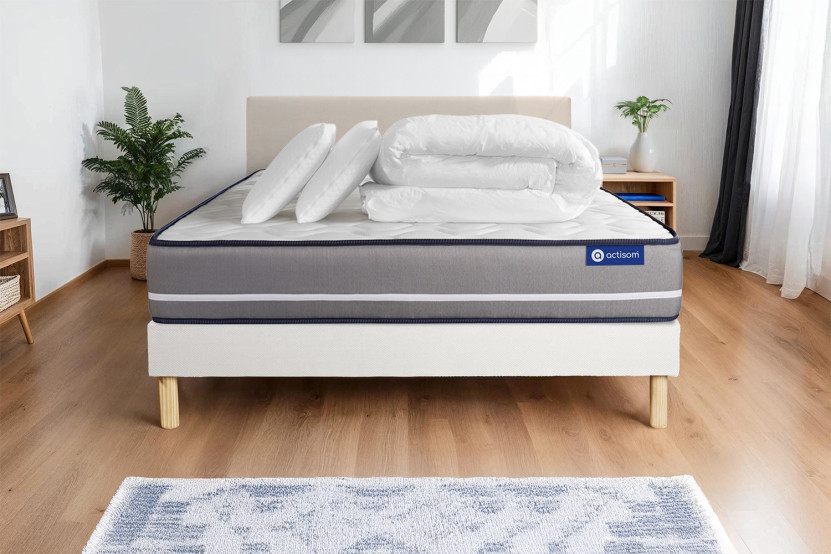 Pack lit complet 160x200 cm - Matelas + Sommier Blanc (en kit) + 2 oreillers + Couette - Actimemo Pur
