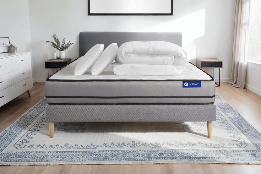 Pack lit complet 180x200 cm - Matelas + Sommier Gris (en kit) + 2 oreillers + Couette - Actiflex Night
