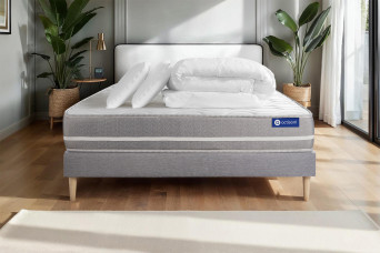 Pack lit complet 140x190 cm - Matelas + Sommier Gris (en kit) + 2 oreillers + Couette - Actiflex Touch