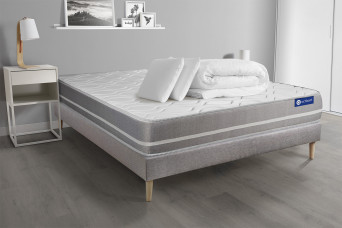 Pack lit complet 140x200 cm - Matelas + Sommier Gris (en kit) + 2 oreillers + Couette - Actimemo Touch