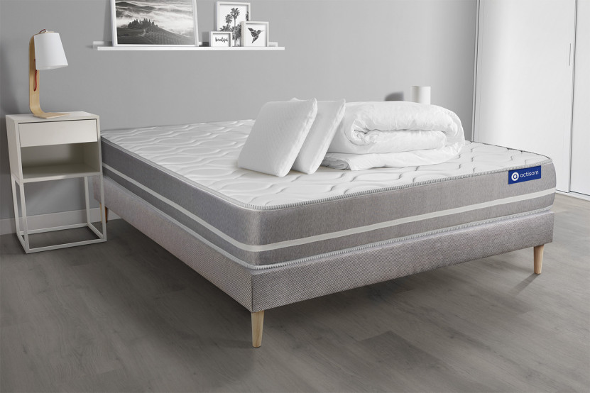 Pack lit complet 140x200 cm - Matelas + Sommier Gris (en kit) + 2 oreillers + Couette - Actimemo Touch