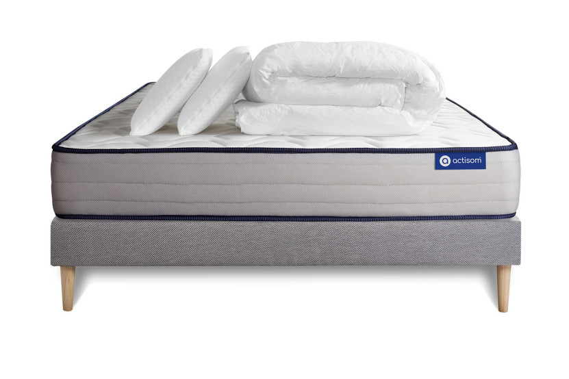 Pack lit complet 180x200 cm - Matelas + Sommier Gris (en kit) + 2 oreillers + Couette - Actimemo Form