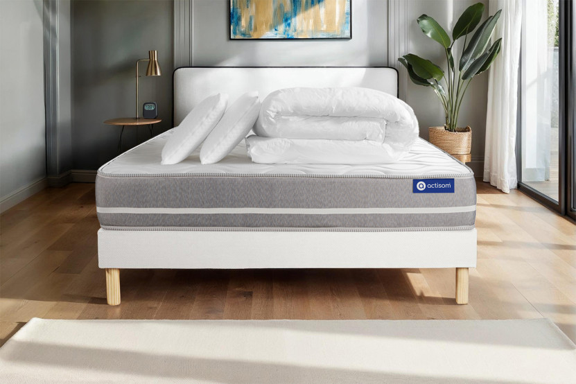 Pack lit complet 140x200 cm - Matelas + Sommier Blanc (en kit) + 2 oreillers + Couette - Actimemo Touch