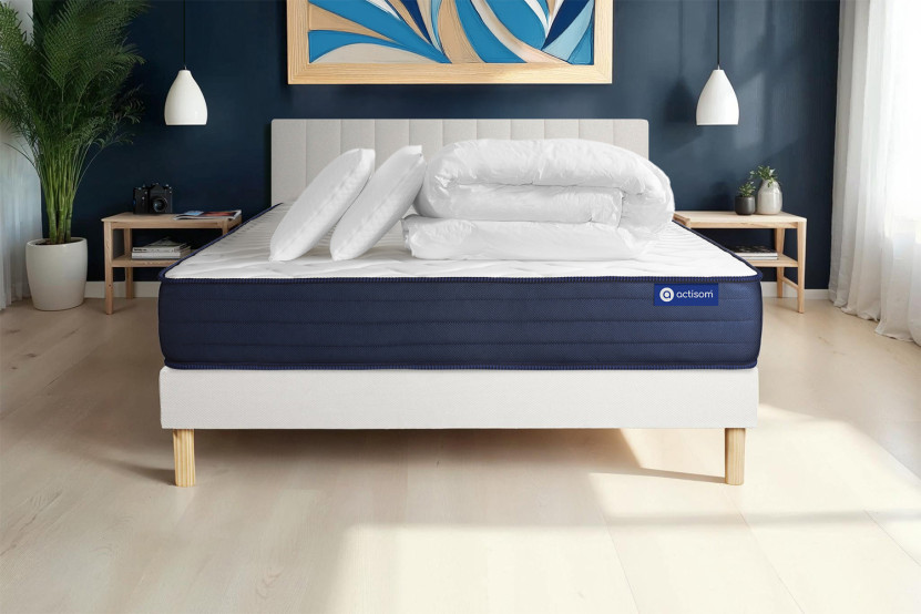 Pack lit complet 200x200 cm - Matelas + Sommier Blanc (en kit) + 2 oreillers + Couette - Actiflex Life