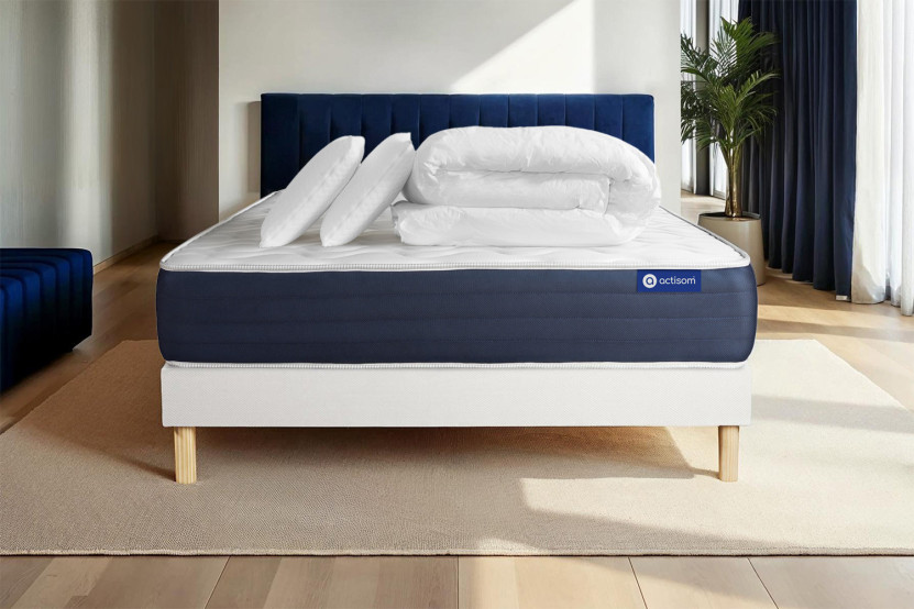 Pack lit complet 140x190 cm - Matelas + Sommier Blanc (en kit) + 2 oreillers + Couette - Actiflex Sleep