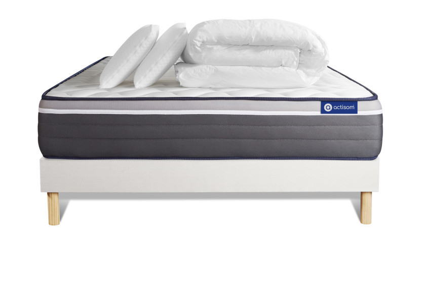 Pack lit complet 180x200 cm - Matelas + Sommier Blanc (en kit) + 2 oreillers + Couette - Actilatex Plus