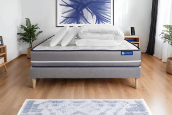 Pack lit complet 140x190 cm - Matelas + Sommier Gris (en kit) + 2 oreillers + Couette - Actilatex Pur