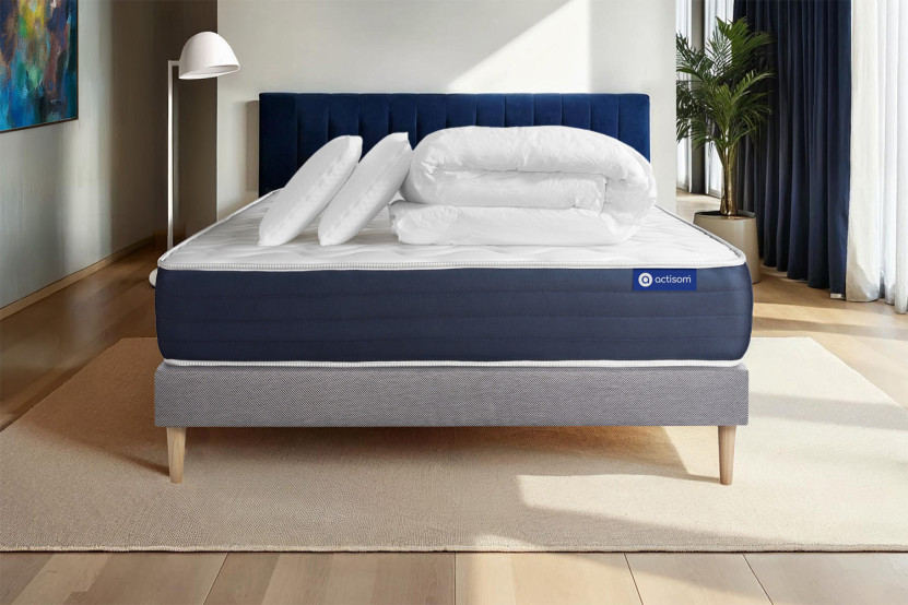 Pack lit complet 160x200 cm - Matelas + Sommier Gris (en kit) + 2 oreillers + Couette - Actilatex Sleep
