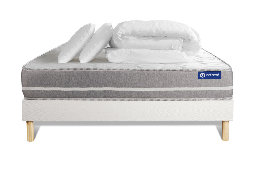 Pack lit complet 180x200 cm - Matelas + Sommier Blanc (en kit) + 2 oreillers + Couette - Actilatex Touch