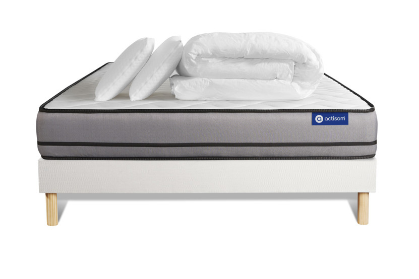 Pack lit complet 140x200 cm - Matelas + Sommier Blanc (en kit) + 2 oreillers + Couette - Actilatex Night