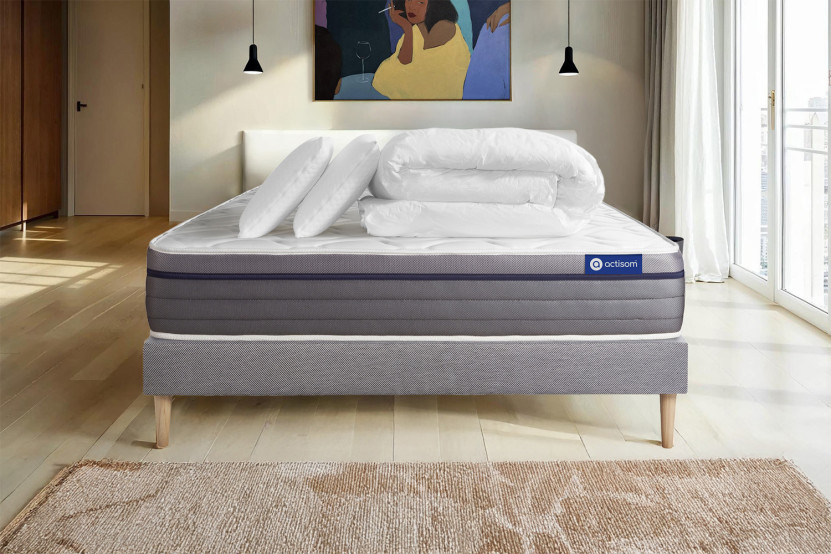 Pack lit complet 140x190 cm - Matelas + Sommier Gris (en kit) + 2 oreillers + Couette - ActiMemo Zen