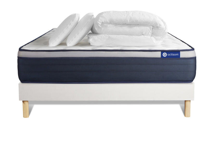 Pack lit complet 160x200 cm - Matelas + Sommier Blanc (en kit) + 2 oreillers + Couette - Actiflex Max