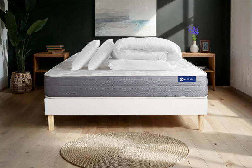 Pack lit complet 140x190 cm - Matelas + Sommier Blanc (en kit) + 2 oreillers + Couette - Actilatex Dream