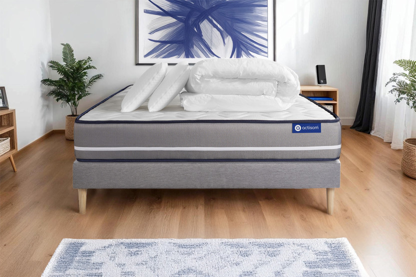 Pack lit complet 140x200 cm - Matelas + Sommier Gris (en kit) + 2 oreillers + Couette - Actilatex Pur