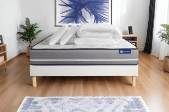Pack lit complet 140x200 cm - Matelas + Sommier Blanc (en kit) + 2 oreillers + Couette - Actilatex Pur