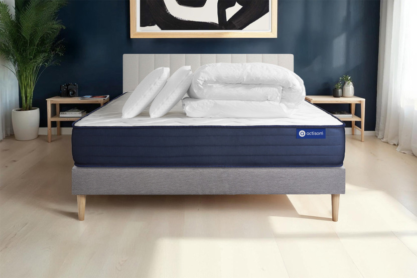 Pack lit complet 140x190 cm - Matelas + Sommier Gris (en kit) + 2 oreillers + Couette - Actilatex Life