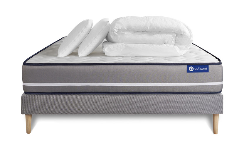 Pack lit complet 160x200 cm - Matelas + Sommier Gris (en kit) + 2 oreillers + Couette - Actiflex Pur