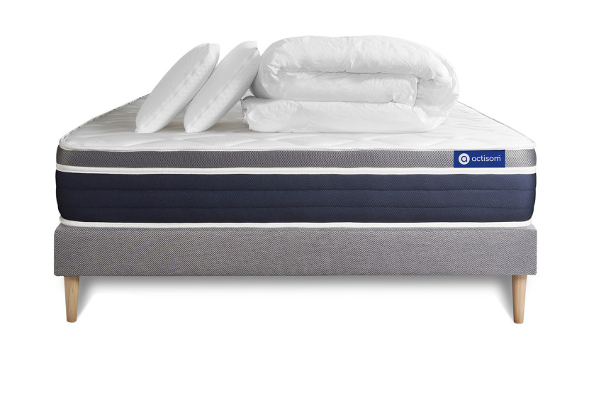 Pack lit complet 140x200 cm - Matelas + Sommier Gris (en kit) + 2 oreillers + Couette - Actilatex Confort