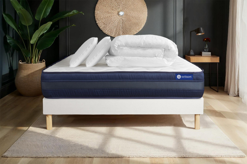 Pack lit complet 140x200 cm - Matelas + Sommier Blanc (en kit) + 2 oreillers + Couette - Actimemo Tech