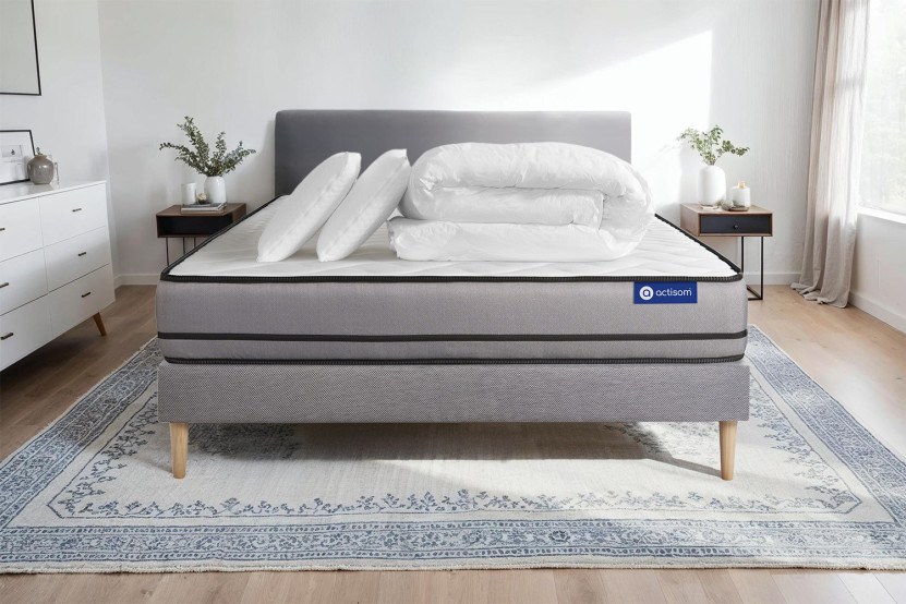 Pack lit complet 140x200 cm - Matelas + Sommier Gris (en kit) + 2 oreillers + Couette - Actilatex Night