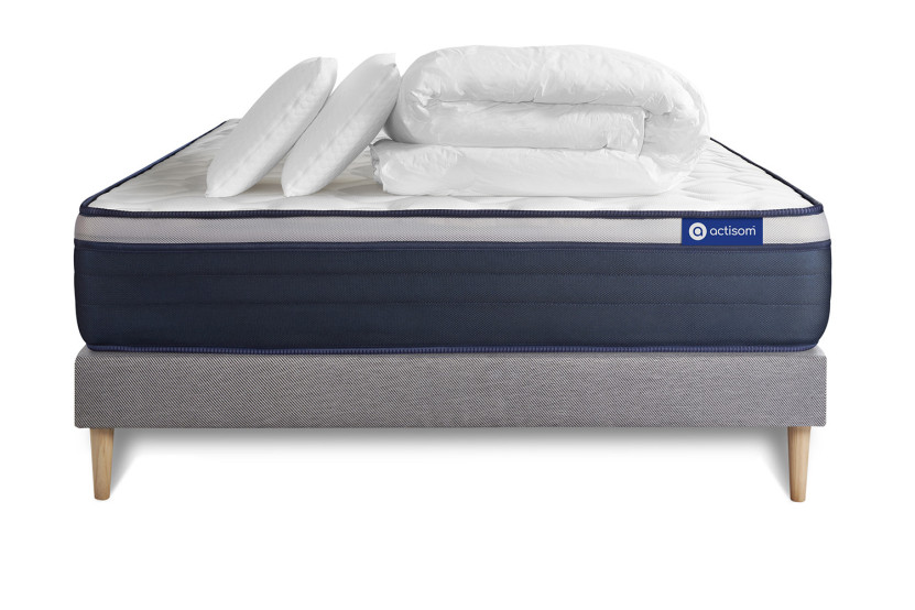 Pack lit complet 180x200 cm - Matelas + Sommier Gris (en kit) + 2 oreillers + Couette - Actimemo Max