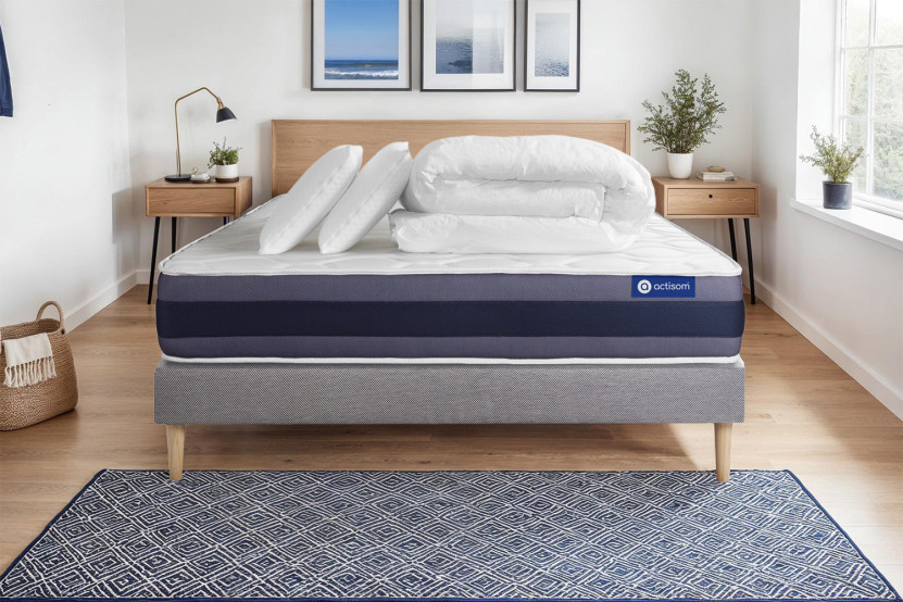 Pack lit complet 140x190 cm - Matelas + Sommier Gris (en kit) + 2 oreillers + Couette - Actiflex Morpho