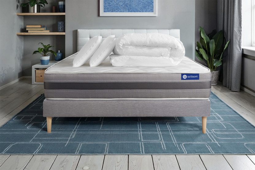 Pack lit complet 160x200 cm - Matelas + Sommier Gris (en kit) + 2 oreillers + Couette - Actimemo Relax