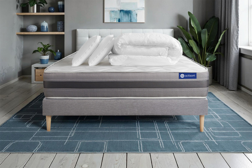 Pack lit complet 200x200 cm - Matelas + Sommier Gris (en kit) + 2 oreillers + Couette - Actiflex Relax
