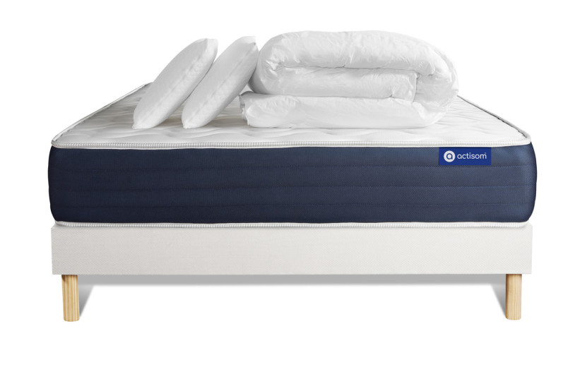 Pack lit complet 140x190 cm - Matelas + Sommier Blanc (en kit) + 2 oreillers + Couette - Actimemo Sleep