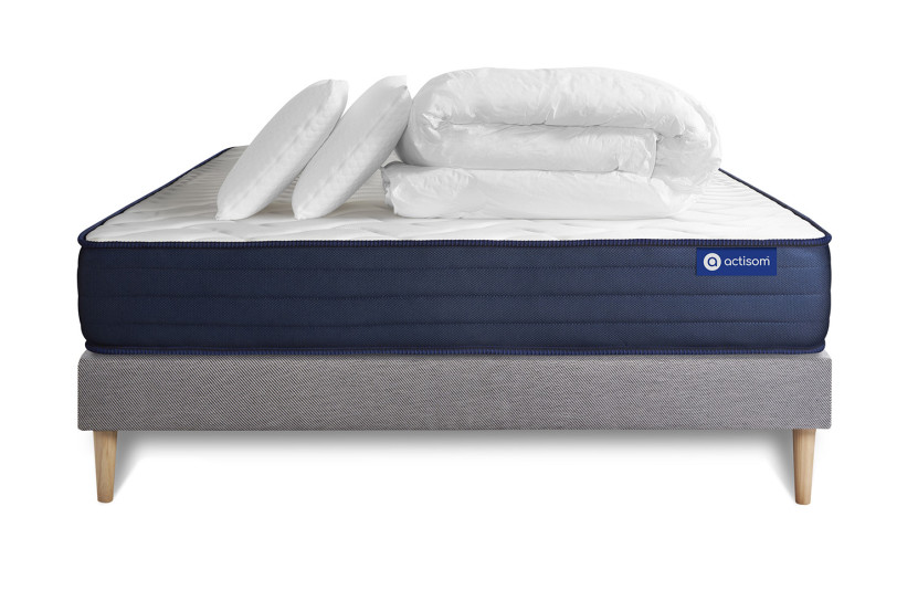 Pack lit complet 140x200 cm - Matelas + Sommier Gris (en kit) + 2 oreillers + Couette - Actilatex Life