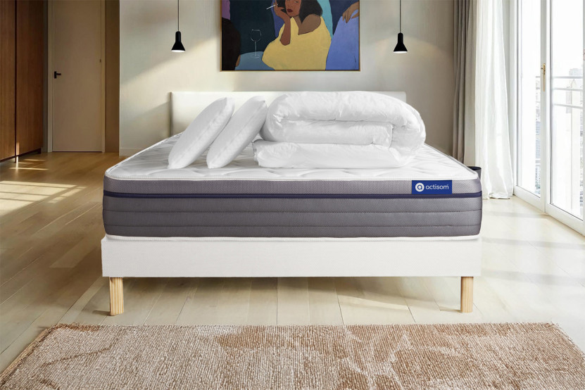 Pack lit complet 140x190 cm - Matelas + Sommier Blanc (en kit) + 2 oreillers + Couette - ActiMemo Zen