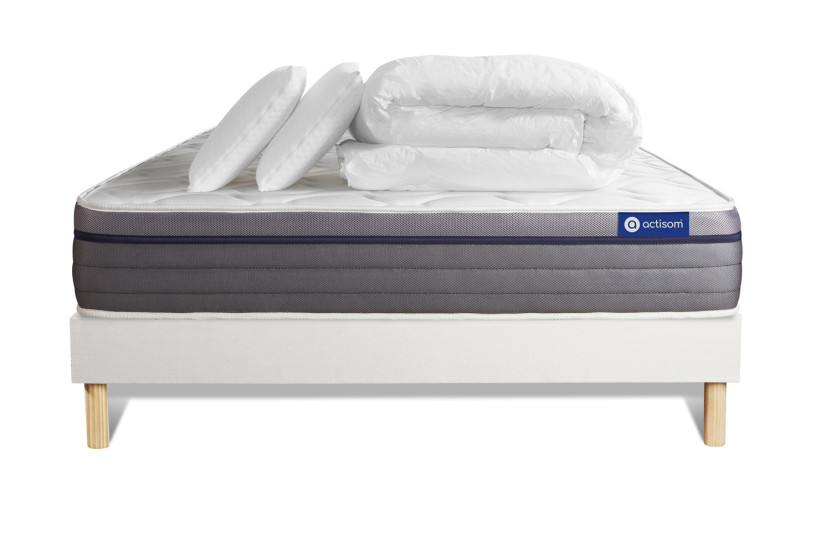 Pack lit complet 180x200 cm - Matelas + Sommier Blanc (en kit) + 2 oreillers + Couette - Actilatex Zen