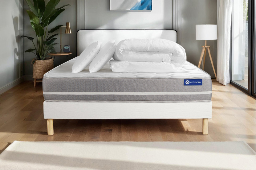 Pack lit complet 200x200 cm - Matelas + Sommier Blanc (en kit) + 2 oreillers + Couette - Actilatex Touch