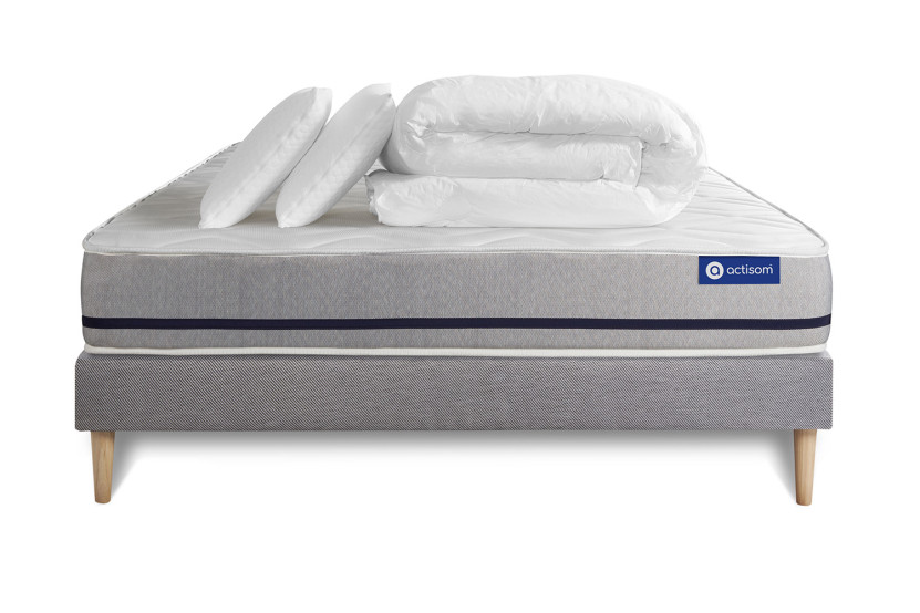 Pack lit complet 140x190 cm - Matelas + Sommier Gris (en kit) + 2 oreillers + Couette - Actiflex Soft