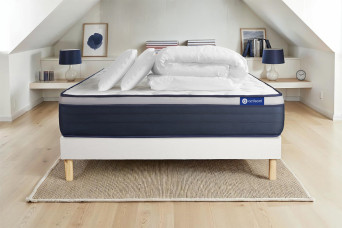 Pack lit complet 140x190 cm - Matelas + Sommier Blanc (en kit) + 2 oreillers + Couette - Actimemo Max