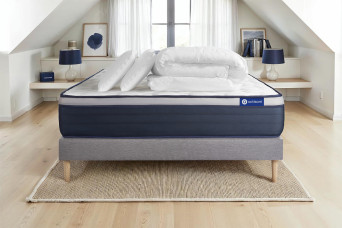 Pack lit complet 160x200 cm - Matelas + Sommier Gris (en kit) + 2 oreillers + Couette - Actiflex Max