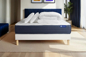 Pack lit complet 140x200 cm - Matelas + Sommier Blanc (en kit) + 2 oreillers + Couette - Actimemo Sleep