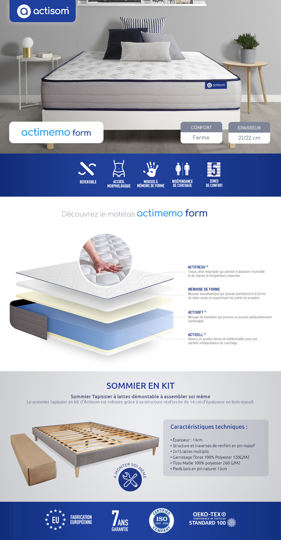 Matelas + sommier 140x190 mémoire de forme ACTISOM - Actimemo form -  Conforama